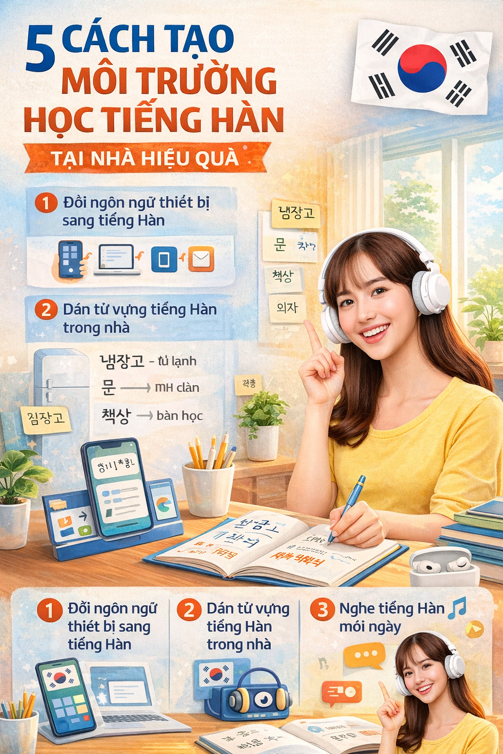 5 CÁCH TẠO MÔI TRƯỜNG HỌC TIẾNG HÀN TẠI NHÀ HIỆU QUẢ